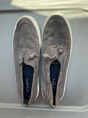 Sperry Gray Canvas Boat Shoes with White Soles